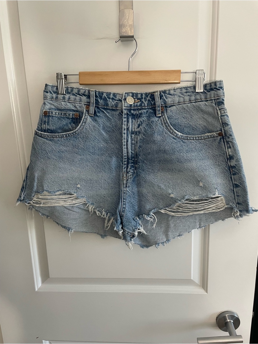 Zara Light Blue Distressed Denim Shorts